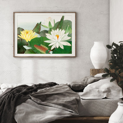 Illustration of yellow and white water lilies with lush green leaves from Nymphaea lotus by Tanigami Konan wall decor poster, framed and displayed in home decor