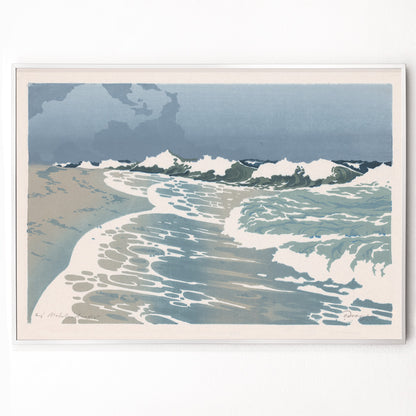 Closeup detail of Sea waves crashing on sandy seashore artwork by O Droegl poster of foamy waves on the sea shore