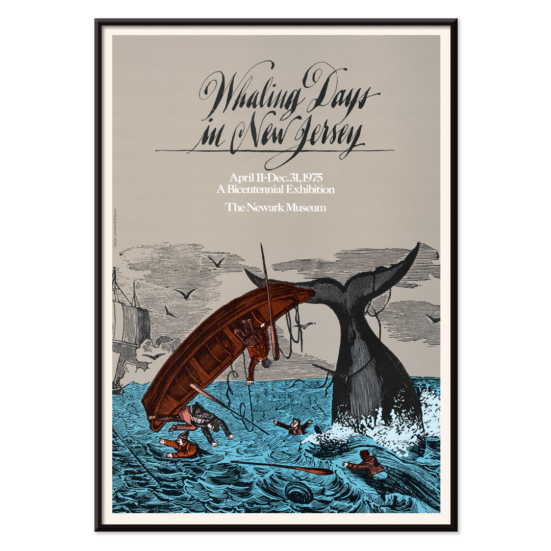 Dramatic whaling scene and men falling from boat near whale tail by The Newark Museum Whaling Days New Jersey, with black aluminium frame on white background