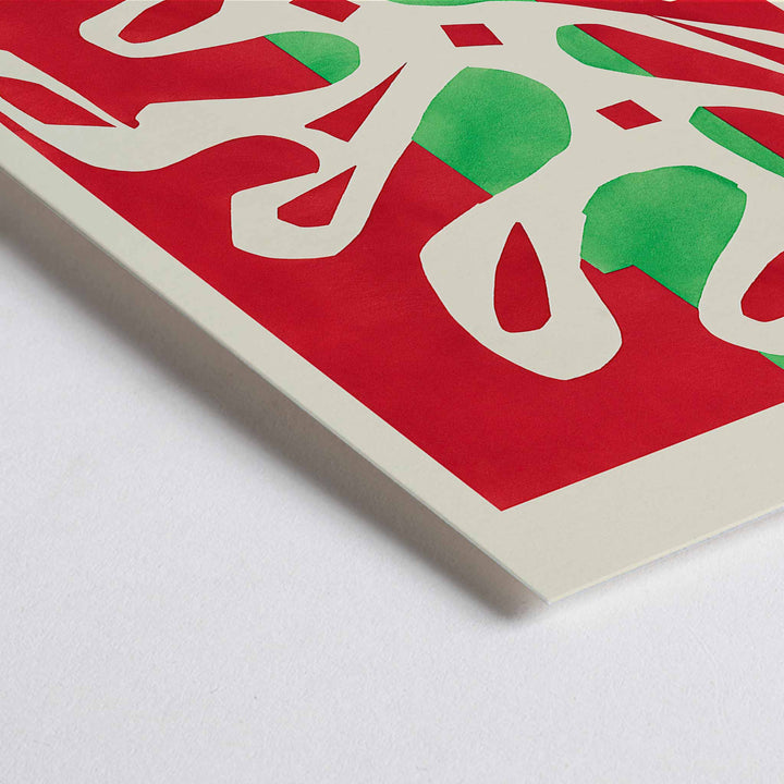 Closeup detail of Henri Matisse White Alga on Red and Green Background poster with white seaweed cutout over red and green blocks