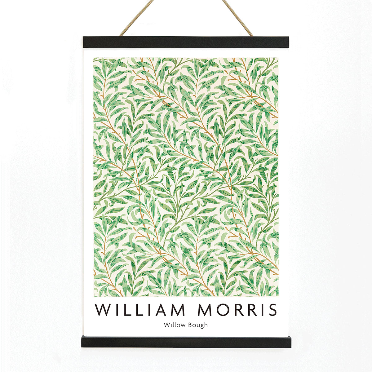 Willow Bough by William Morris leafy botanical pattern poster with intricate green willow branches and leaves on light background, with wooden magnetic frame on white background