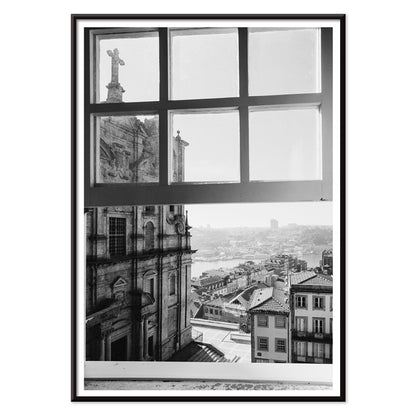 Black and white cityscape poster of Porto seen through a window from the artwork Porto from window, with black aluminium frame on white background