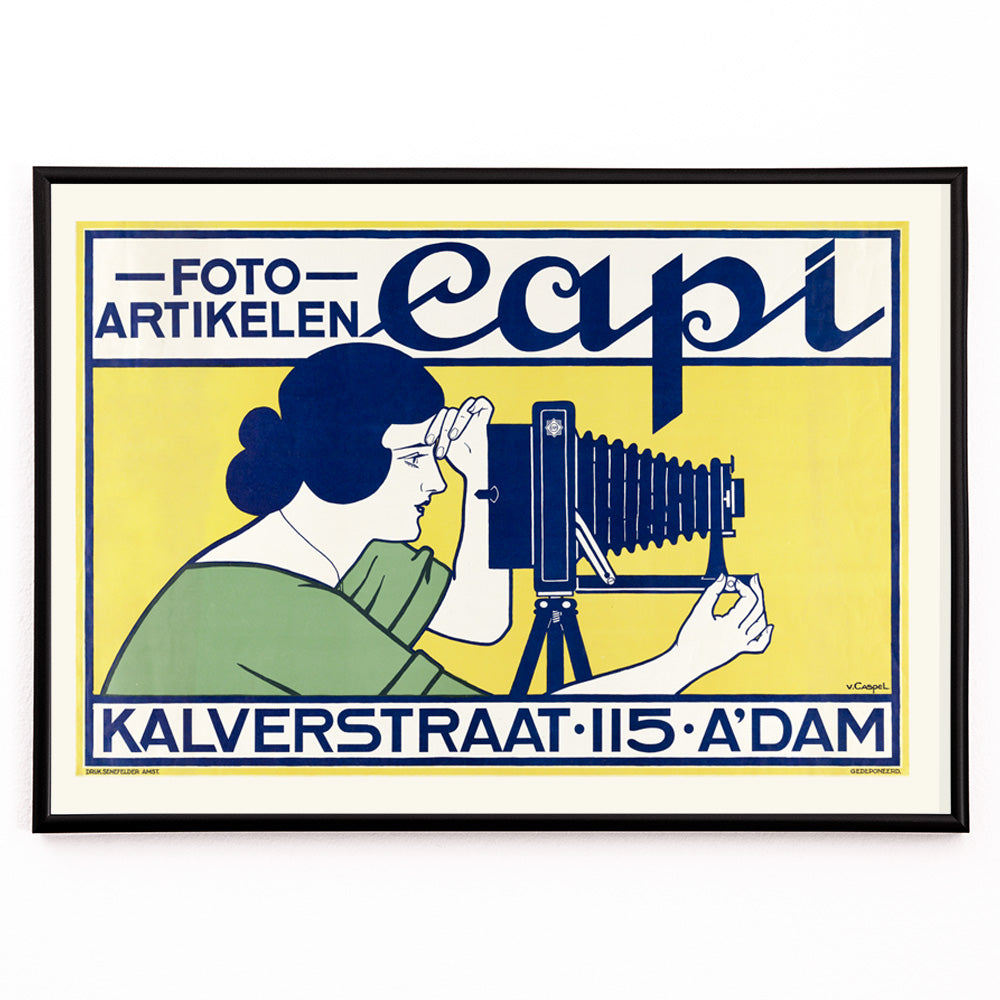 Closeup detail of Vintage art deco poster of a woman using a vintage camera at Capi Camera Shop by Johann Georg van Caspel