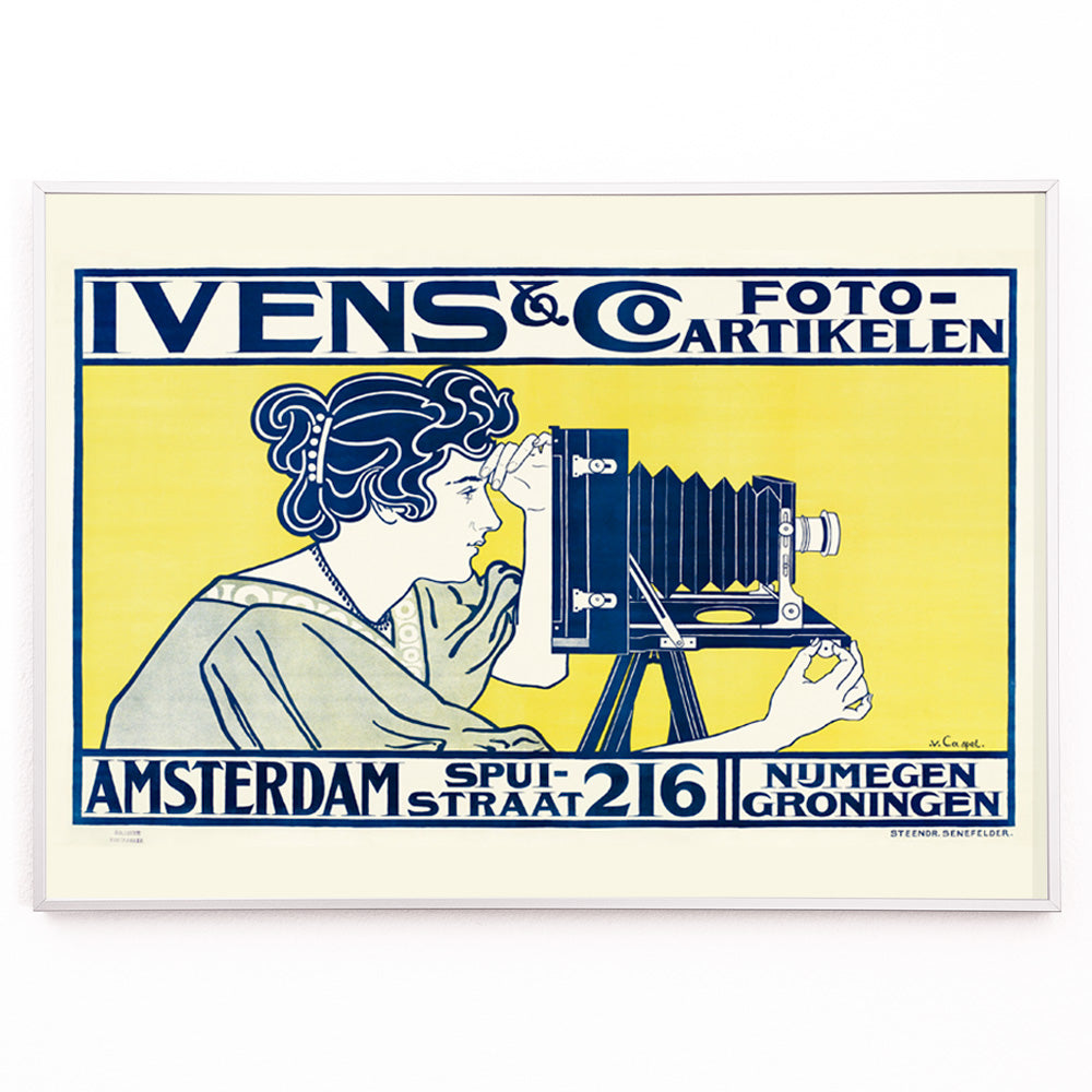 Closeup detail of Art nouveau poster of woman using vintage camera at Ivens and Co Camera Shop by Johann Georg van Caspel