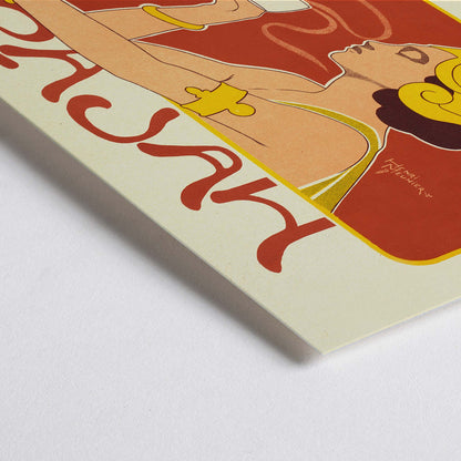 Closeup detail of Henri Meunier Cafe Rajah Art Nouveau poster with elegant woman in profile holding a cup and bold red yellow lines