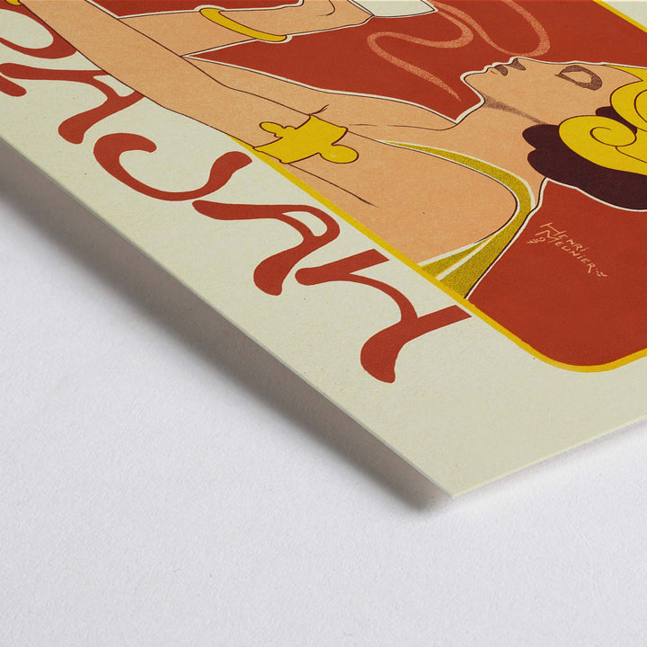 Closeup detail of Henri Meunier Cafe Rajah Art Nouveau poster with elegant woman in profile holding a cup and bold red yellow lines