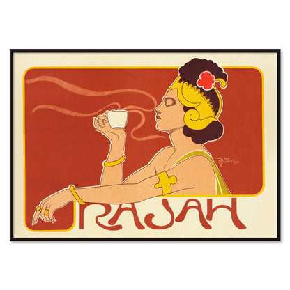 Henri Meunier Cafe Rajah Art Nouveau poster with elegant woman in profile holding a cup and bold red yellow lines, with black aluminium frame on white background