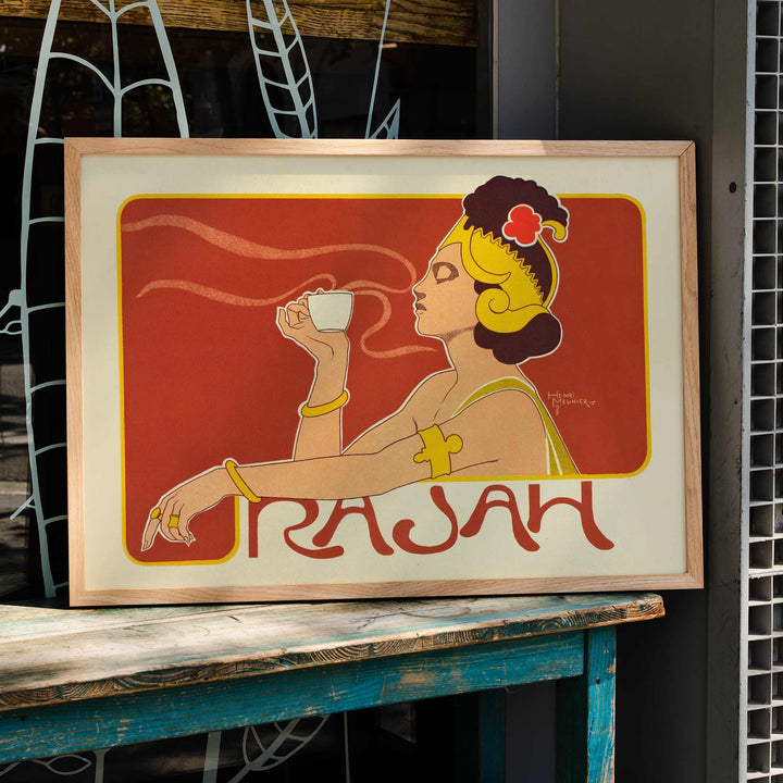 Henri Meunier Cafe Rajah Art Nouveau poster with elegant woman in profile holding a cup and bold red yellow lines, framed and displayed in modern living room decor