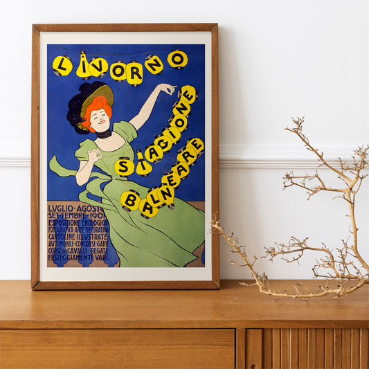 Woman in green dress holding yellow lanterns Livorno stagione balneare by Leonetto Cappiello poster on blue background, framed and displayed in home decor