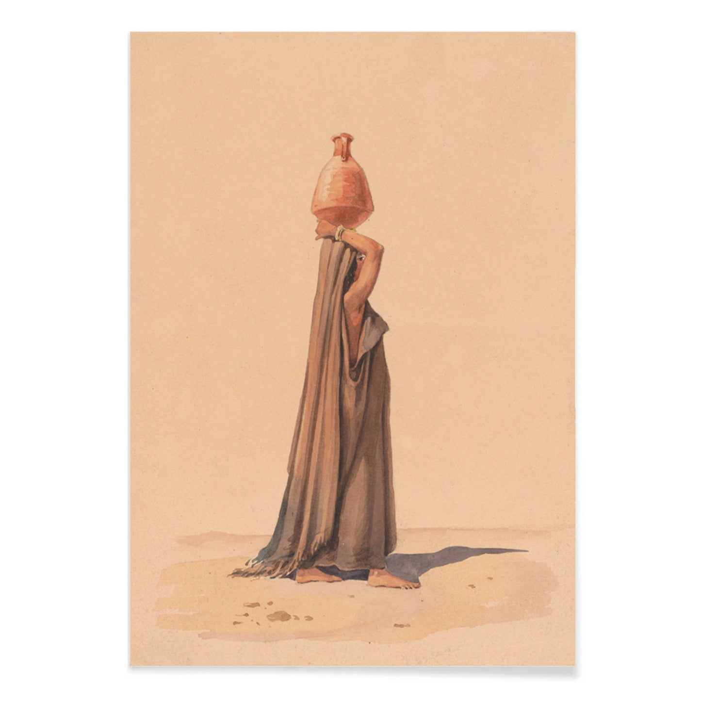 Water carrier by Emile Prisse dAvennes woman in traditional attire carrying water jug on head in desert scene artwork, with black aluminium frame on white background