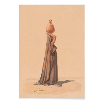 Water carrier by Emile Prisse dAvennes woman in traditional attire carrying water jug on head in desert scene artwork, with black aluminium frame on white background
