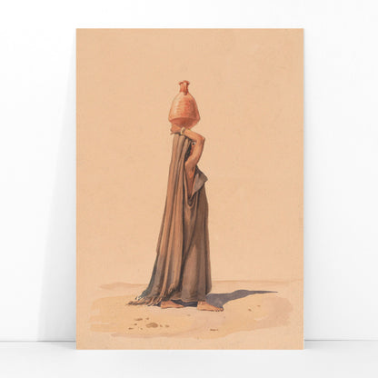 Water carrier by Emile Prisse dAvennes woman in traditional attire carrying water jug on head in desert scene artwork, framed and displayed in modern living room decor