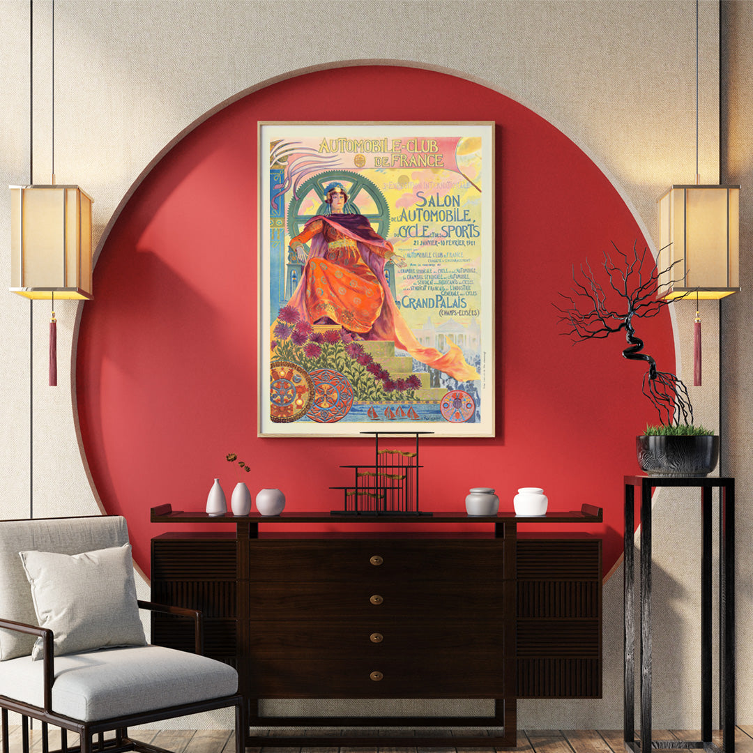 Art Nouveau poster of a regal woman with vibrant colors gears and flowers by Georges Antoine Rochegrosse for Automobile Club De France, framed and displayed in home decor