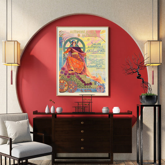 Art Nouveau poster of a regal woman with vibrant colors gears and flowers by Georges Antoine Rochegrosse for Automobile Club De France, framed and displayed in home decor