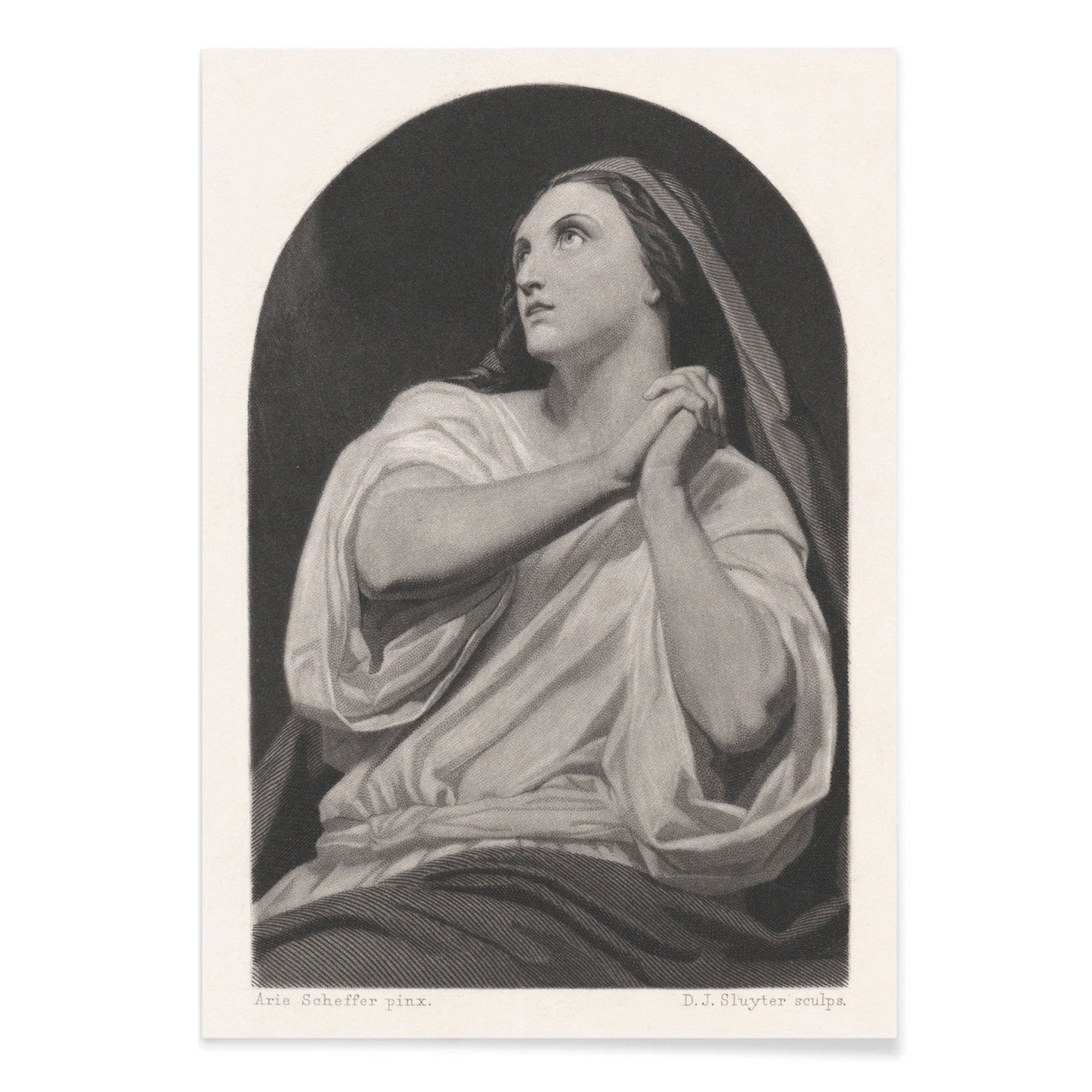 Black and white artwork of a praying woman with folded hands and serene expression by Dirk Jurriaan Sluyter, with black aluminium frame on white background