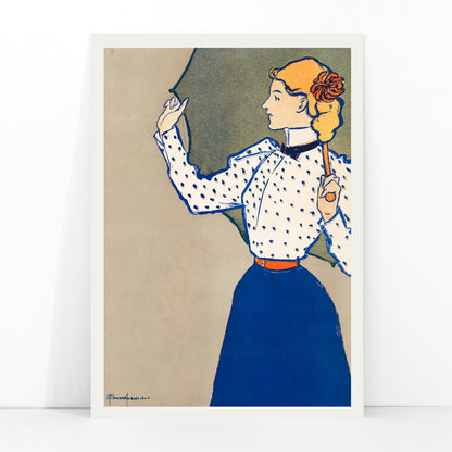 Woman holding umbrella in vintage fashion polka dot blouse and blue skirt artwork by Edward Penfield, framed and displayed in modern living room decor