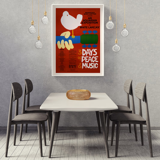Woodstock poster with white dove on guitar promoting peace and music at An Aquarian Exposition in White Lake artist unknown, framed and displayed in home decor