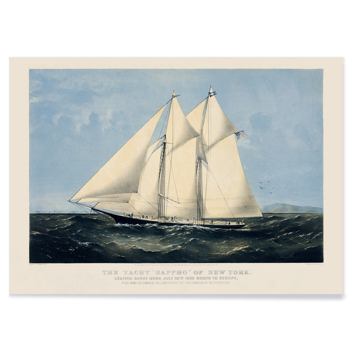 Chromolithograph artwork of Yacht Sappho sailing on the ocean by Currier and Ives poster showing sailing yacht at sea titled Chromolithograph of the yacht Sappho of New York, with black aluminium frame on white background
