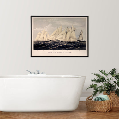 Sailboats and yachts racing on the ocean under clear skies in Yachts on a Summer Cruise by Currier and Ives, framed and displayed in home decor