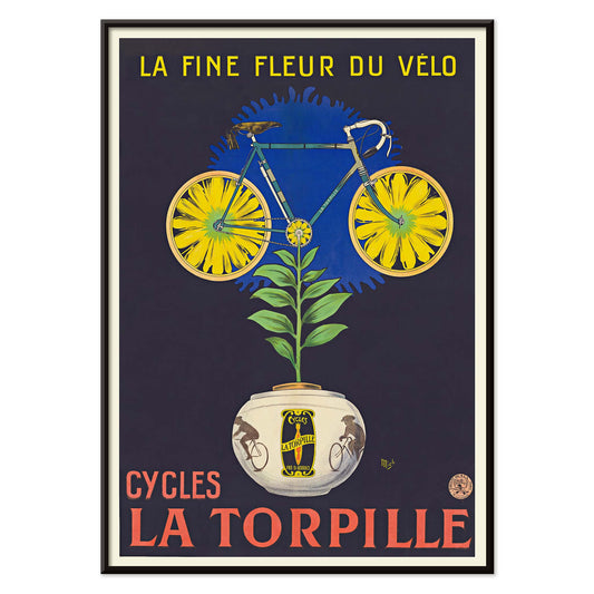 Michel Liebeaux La fine fleur du vélo poster with yellow bicycle rising from flower pot, green plant, dark background, vintage advertising style, with black aluminium frame on white background