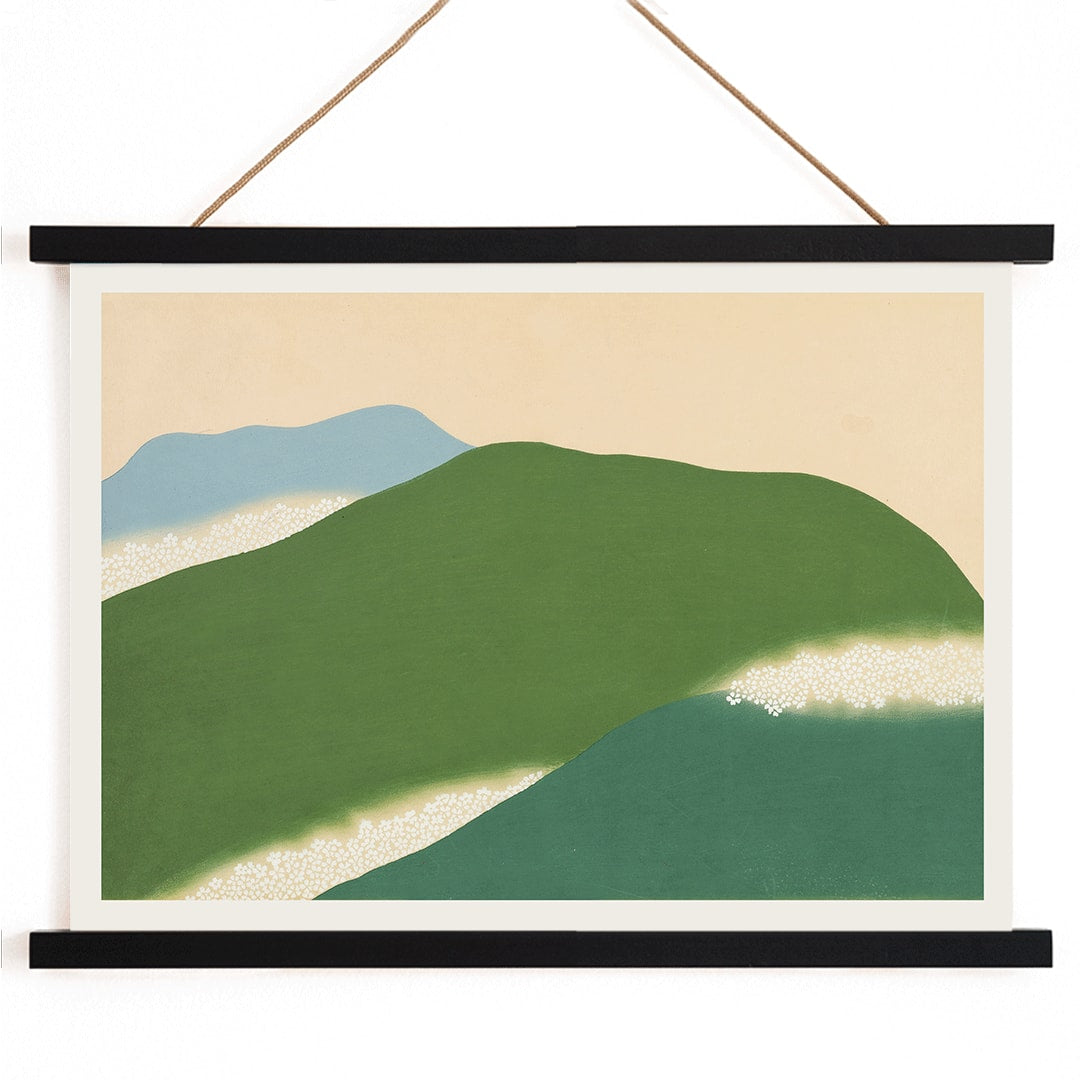 Landscape painting and poster of abstract green and blue hills Yoshino by Kamisaka Sekka, with wooden magnetic frame on white background